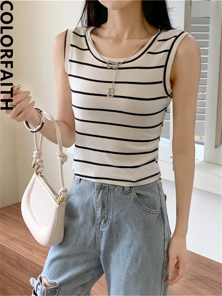 Colorfaith V6618JM 2024 Striped Chain Sexy Cotton Basic Bottoming Elasticity Vests Women Spring Summer Tank & Camis Crop Tops