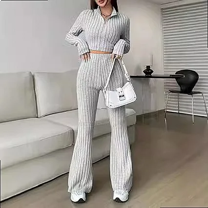 Fashion Solid Color Ribbed Matching Set Zip Long Sleeve Crop Top High Waist Flared Pants Jumpsuit Playsuit for Women