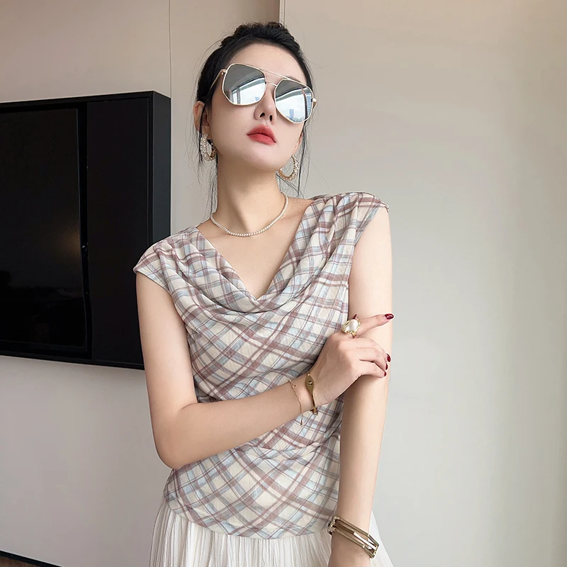 Summer,European,Clothes,Mesh,Thin,T-Shirt,Fashion,Sexy,O-Neck,Drape,Print,Plaid,Women,Tops,Sleeveless,Slim,Hot,Tees,New,6813001