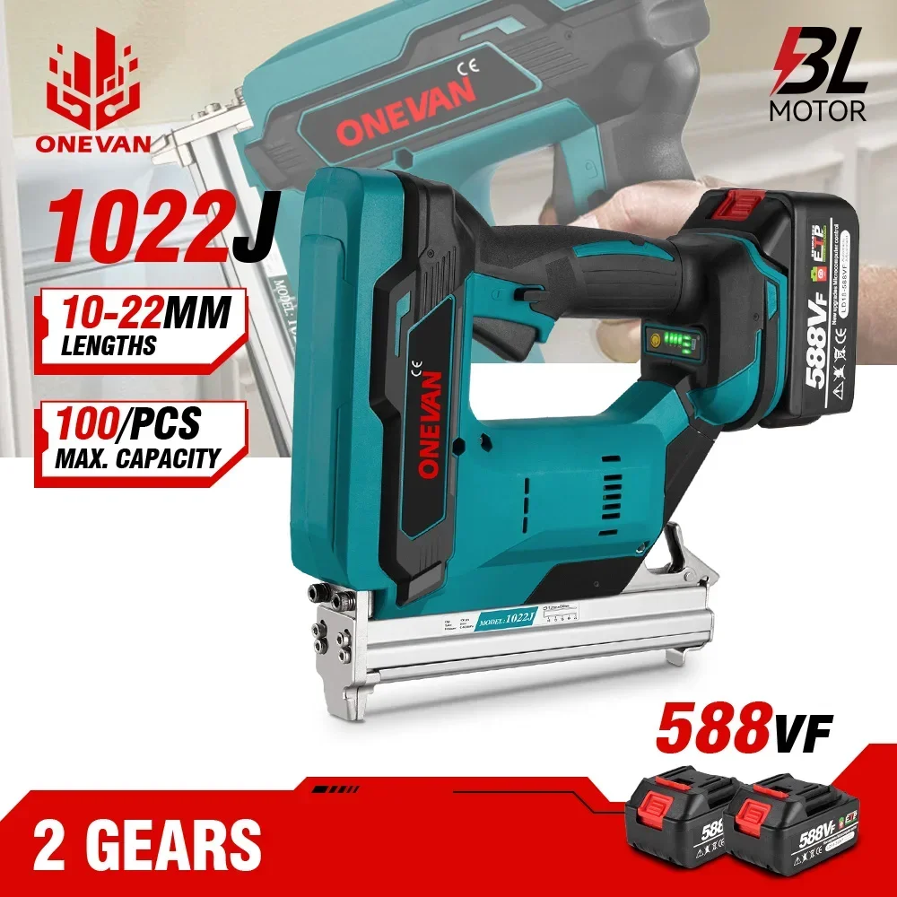 ONEVAN Brushless Electric Nail Gun 2Gears Cordless 1022J Stapler Nailer Lithium Battery Power Tool For Makita 18V Battery