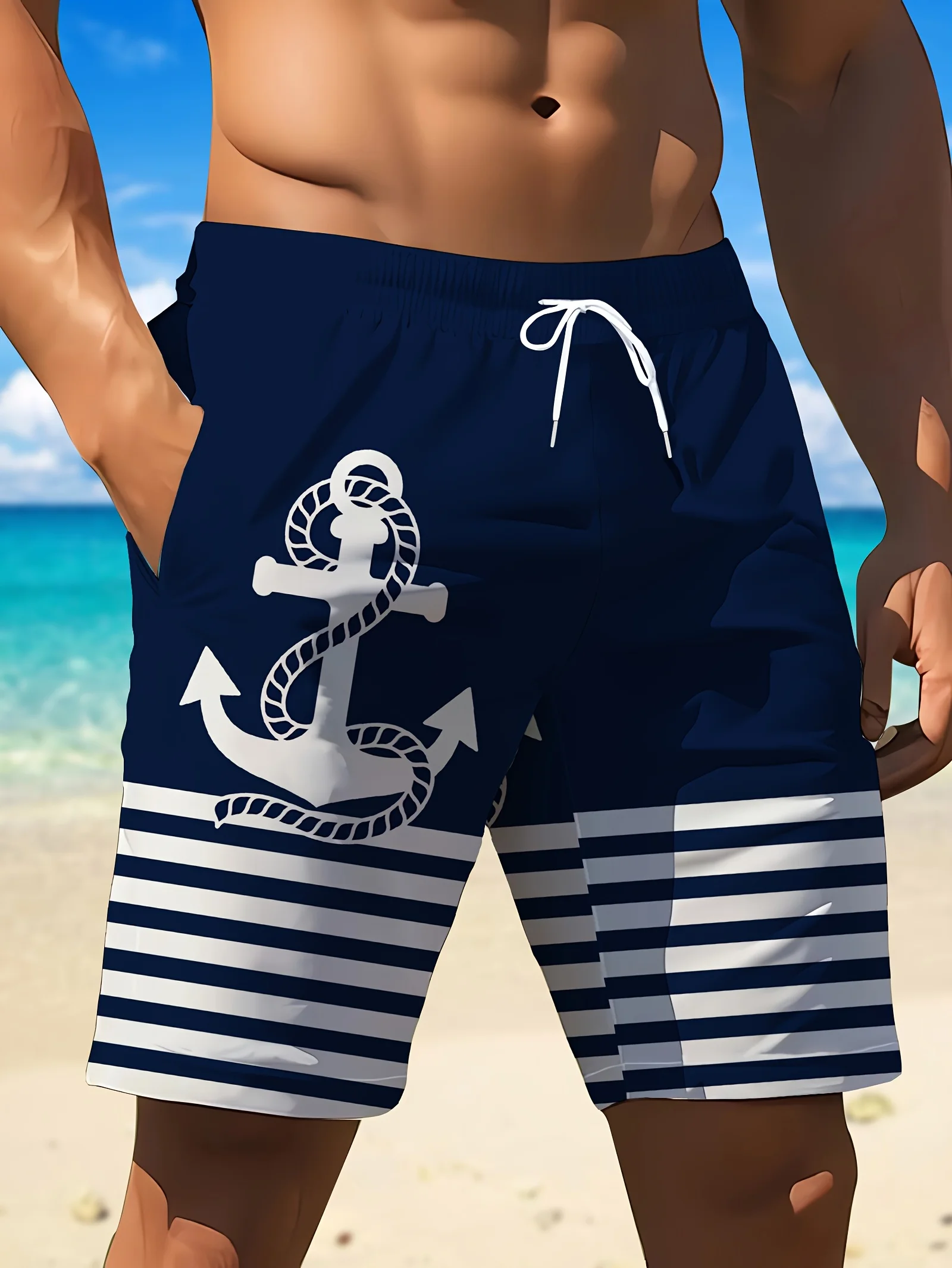 

2026 New Navy Blue Anchor Stripe Nautical Beach Shorts Men's Quick Drying Shorts Are Suitable for Daily and Training Wear Y2k