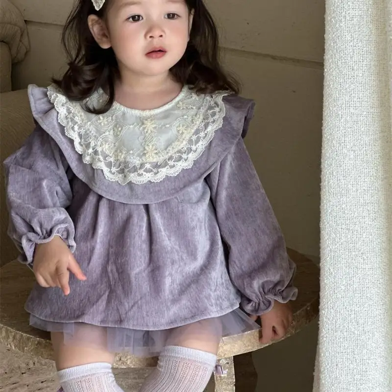 2025 Autumn New Baby Girl Long Sleeve Clothes Set Infant Girls Lace Shirts Dress + Shorts 2pcs Suit Princess Toddler Outfits