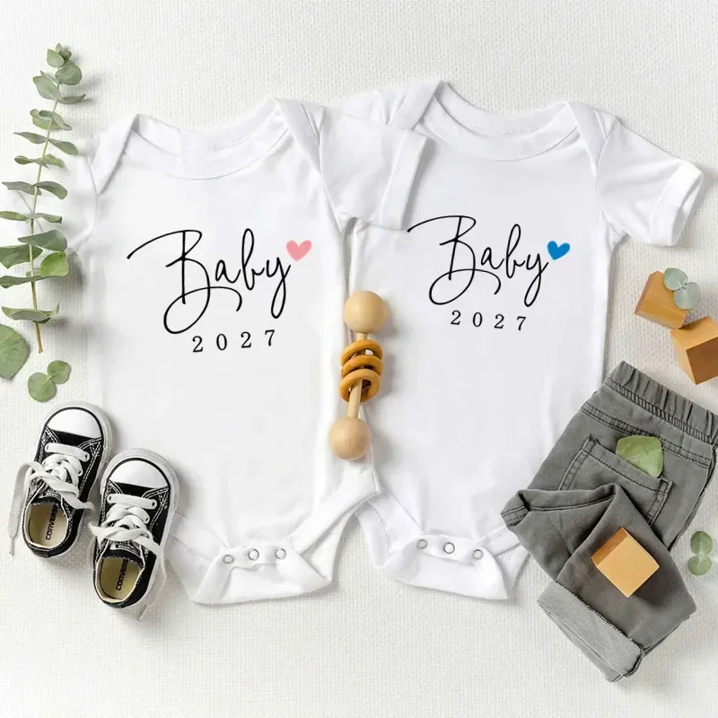Gender Reveal Baby Coming Soon 2027 Newborn Baby Bodysuits Summer Boys Girls Romper Body Pregnancy Reveal Clothes Onesies