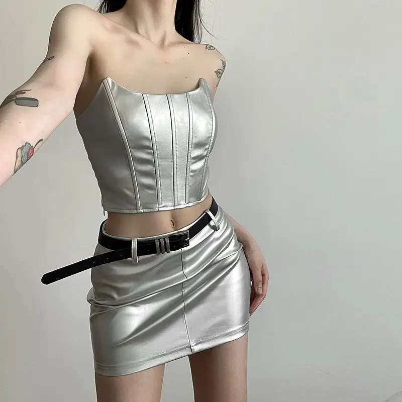 

Strapless 2 Pieces Skirt Sets for Women New Matching Clothing Luxury Festival Vintage Designer Full in Night Club Woman Outfit