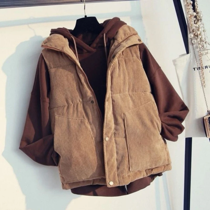 2024 New Winter Corduroy Vest Cotton Vest Women Warm Coat Turn-down Collar Zipper Sleeveless Jacket Overcoat Loose Female Waistc