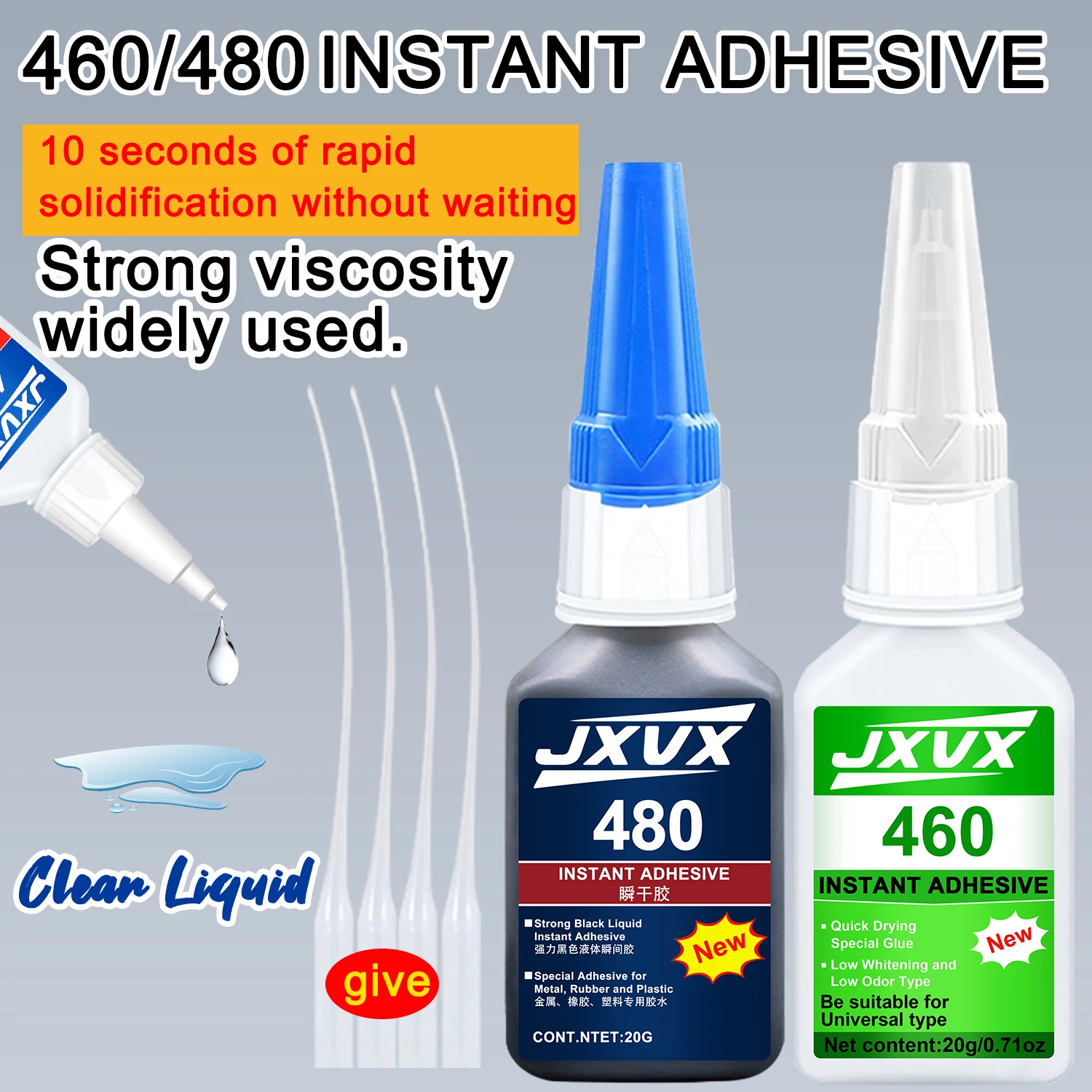 JXVX 20 g 460 (transparent)/480 (schwarz) Sofort klebender Superkleber Universeller Superkleber Kraftvoller Sofortkleber für Harz, Keramik, Metall, Glas Schnell trocknender Kleber, wasserfest Mit
