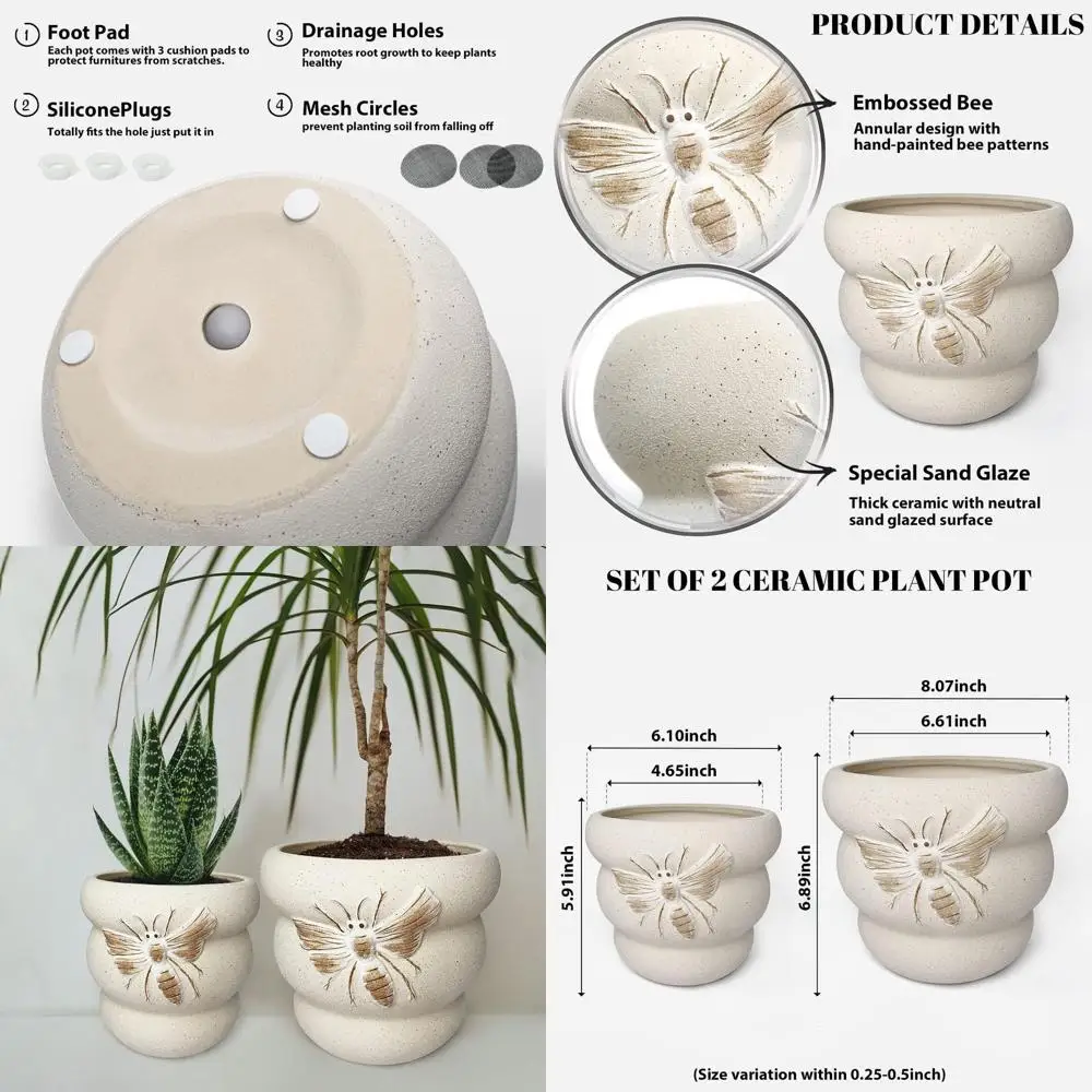 

Терракотовые горшки с дренажными отверстиями для комнатных и уличных растений, идеально подходят для суккулентов, трав и растений-змеек (бежевые, 8 и 6 дюймов)