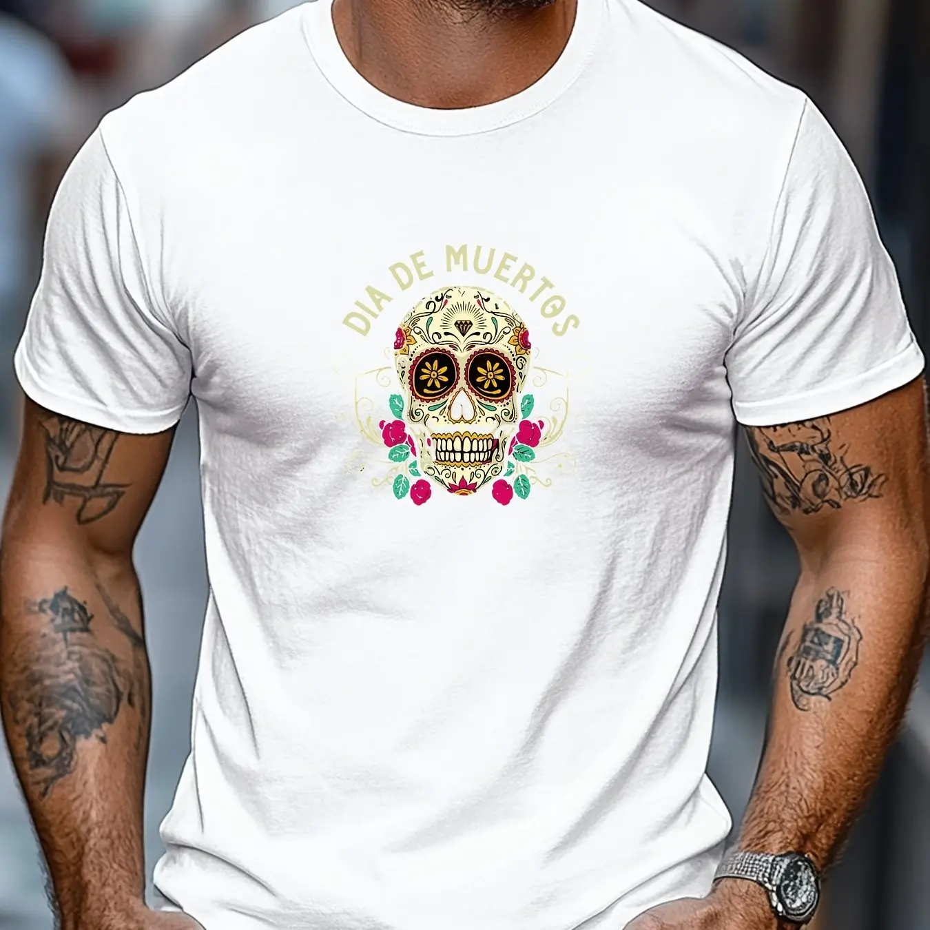 Men's Day of The Dead Sugar Skull Print Casual T-Shirt Light Blue Round Neck Short Sleeve Tee Men Clothing Comfortable