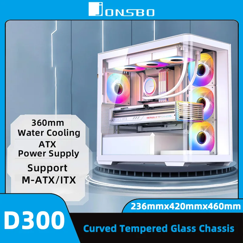 JONSBO D300 Desktop Host MATX Case Panoramic Curved Tempering Glass Side Transparency PC Game Chassis For 360 Water Cooler