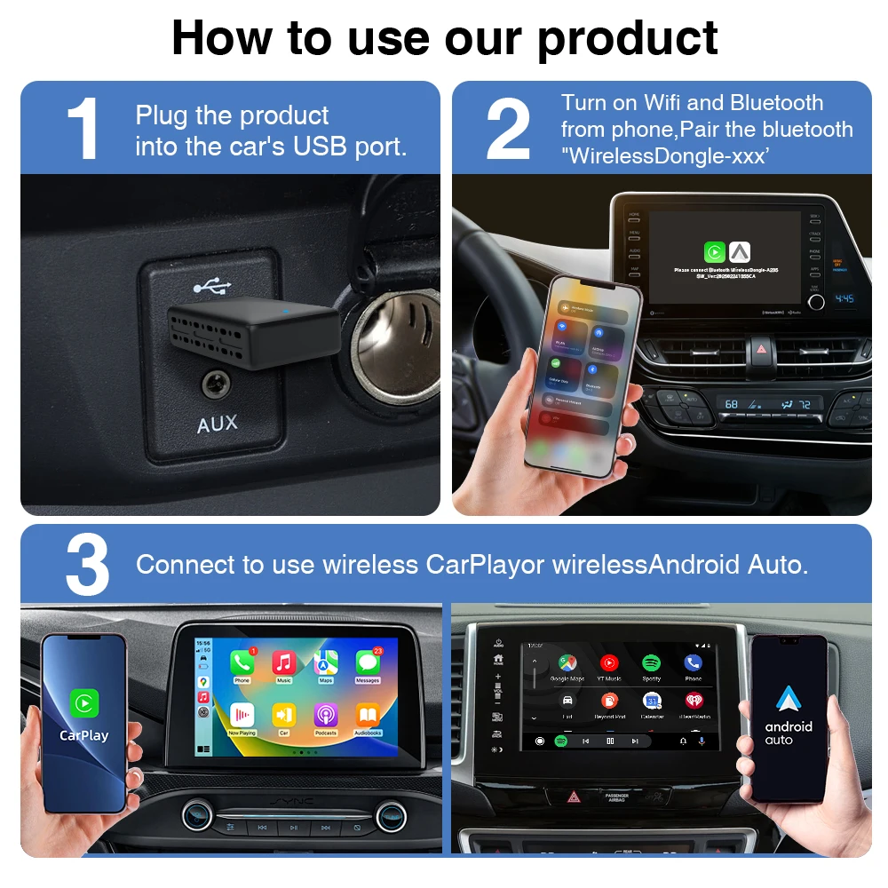 2-in-1-Kabel- und Funk-CarPlay-Dongle, kabelloser Android Auto USB-Adapter, Bluetooth, für KIA, Ford, Audi, Porsche, MG, Toyota, VW, Hyundai. – Detail 9