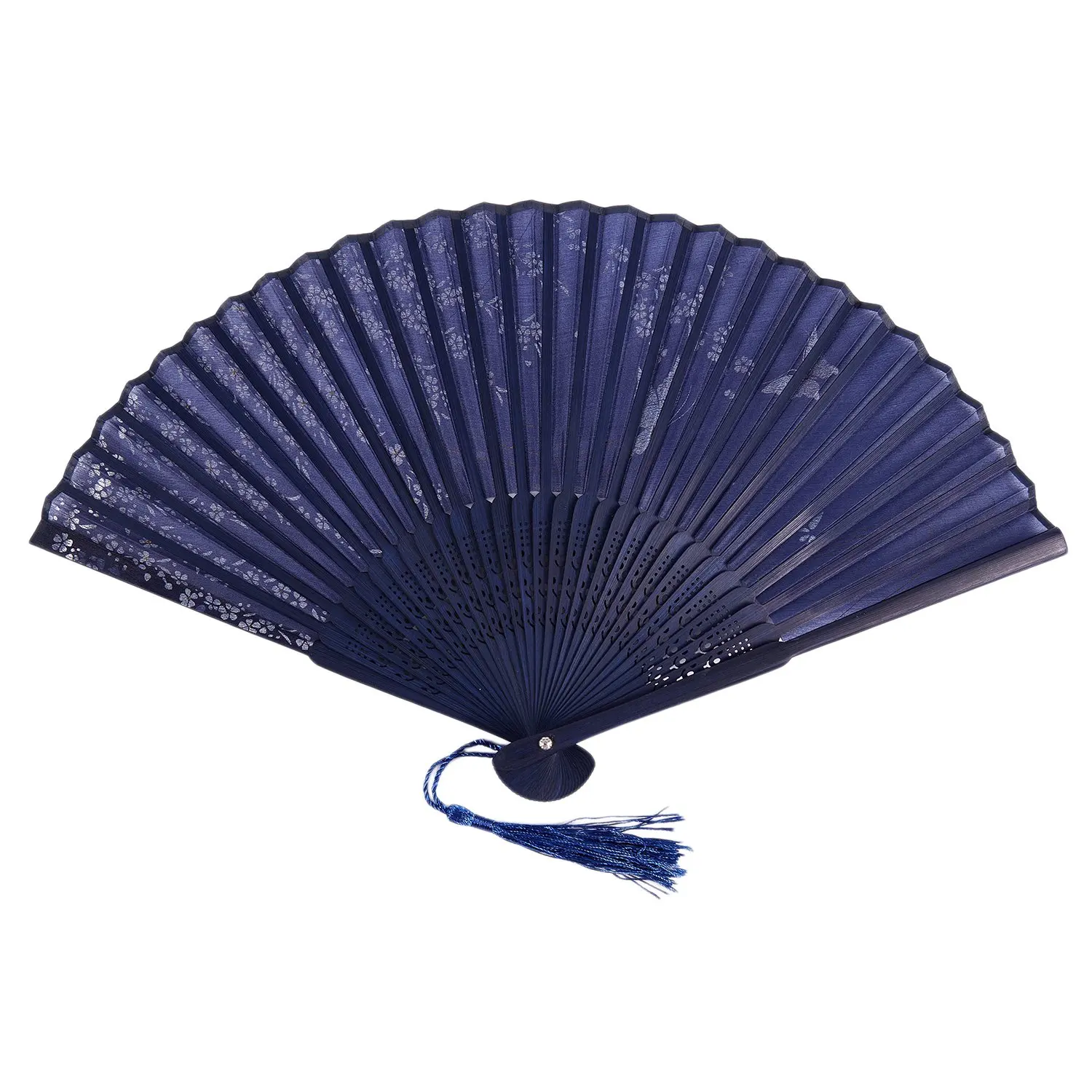 

NOCM Folding bamboo lace hand fan, dark blue butterfly and white flower