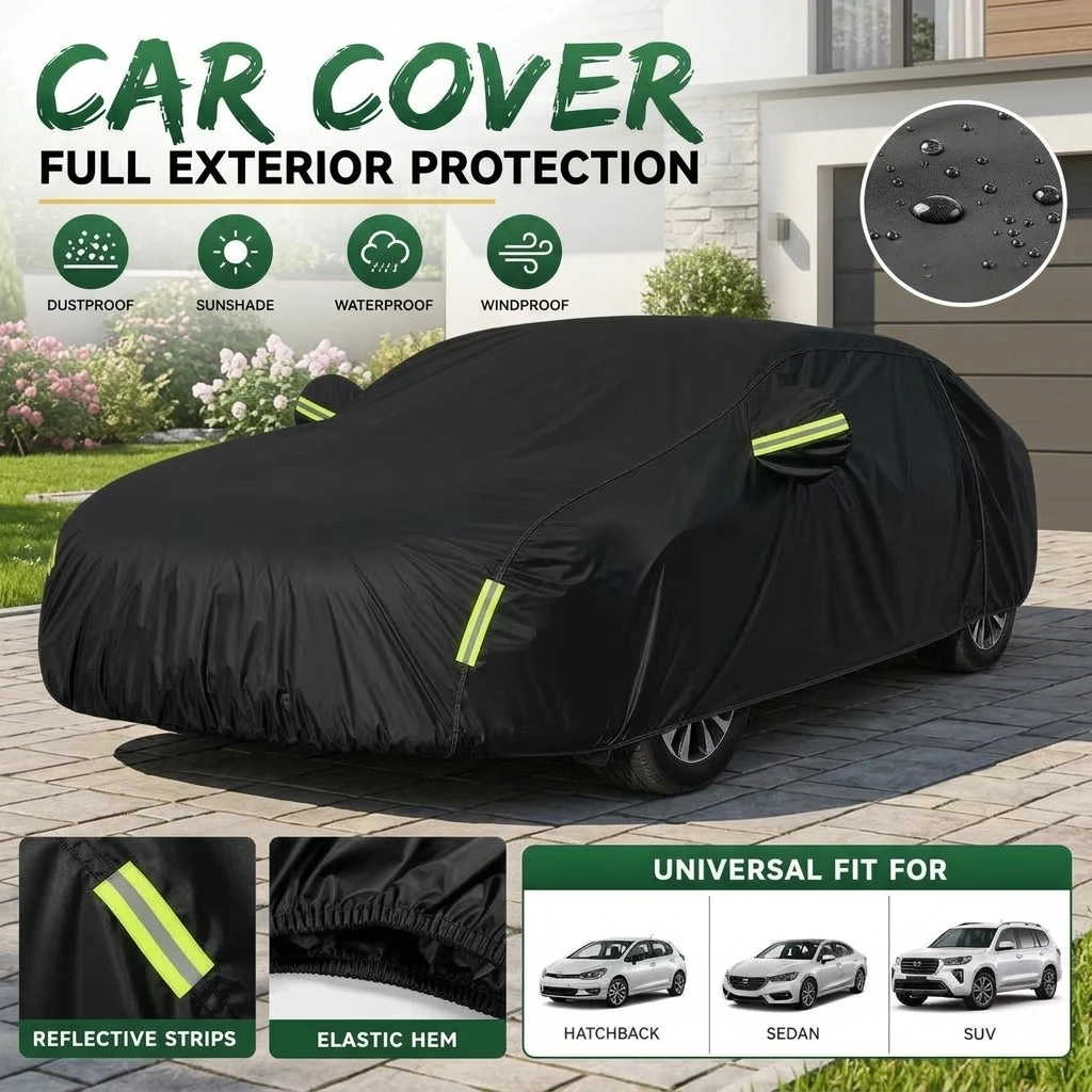 Funda universal para automóvil, que cubre todo el exterior, protege del polvo y del sol, y cuenta con bandas reflectantes. Ideal para vehículos tipo hatchback, sedán y SUV. Funda para automóvil de