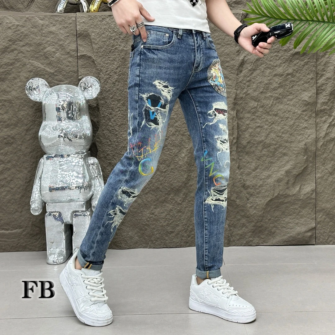 

Модные мужские джинсы Slim Fit с принтом в корейском стиле, эластичные брюки с манжетами, длинные брюки из смеси хлопка и полиэстера, молодежная весенняя одежда