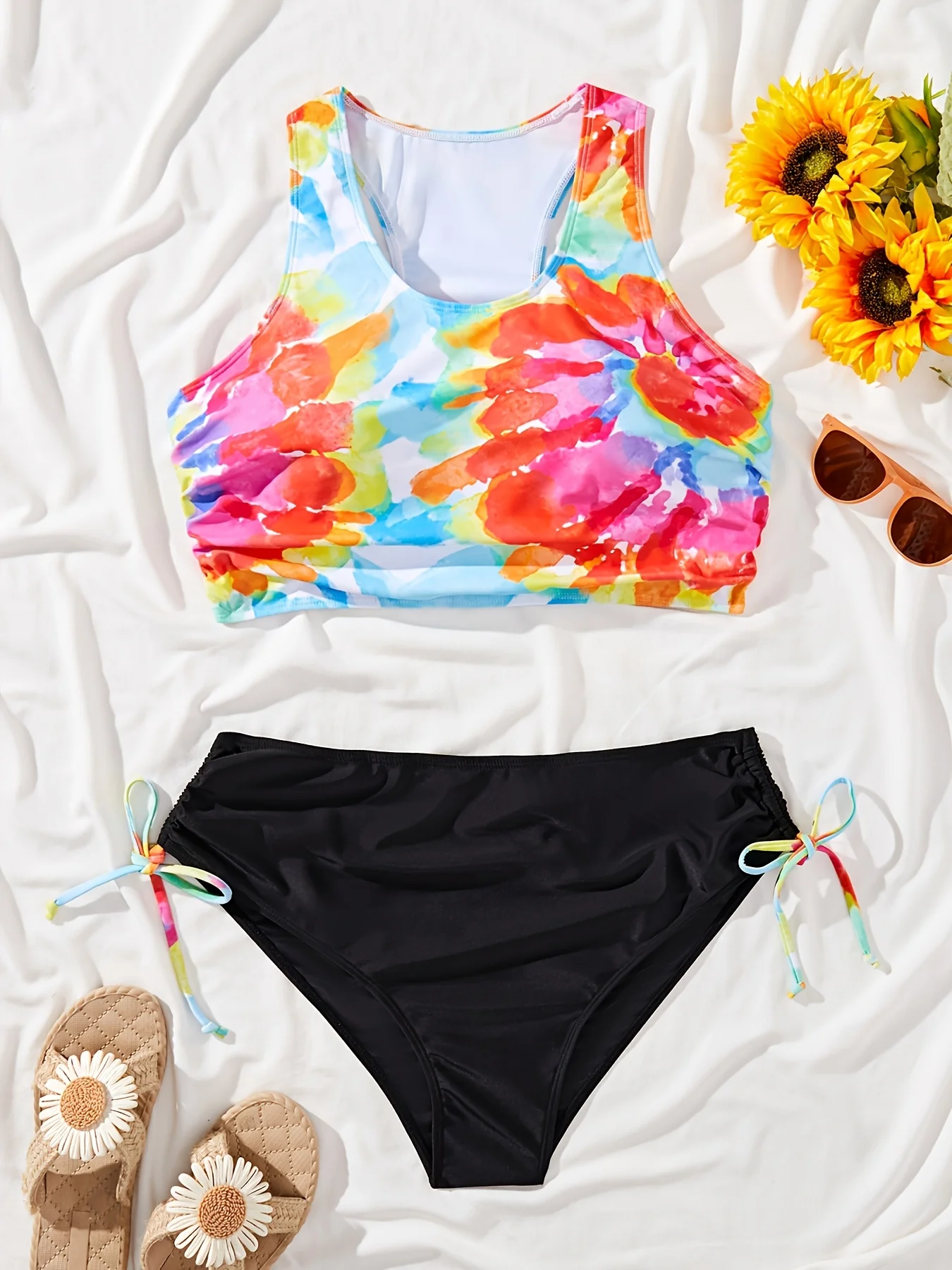 

Women's large-size bikini set with tie-dye print, v-neck style, sexy two-piece set, beach style