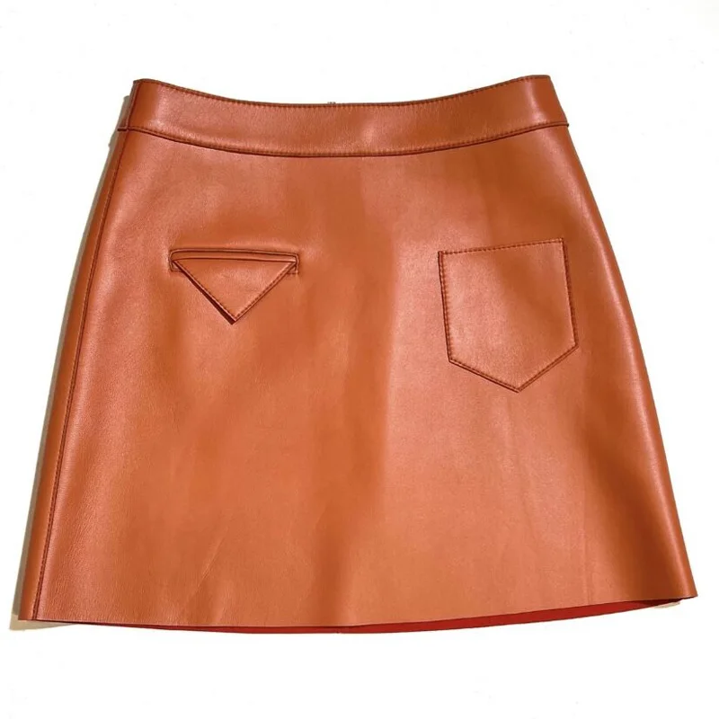 Real Leather Sexy Mini Skirt Women 2023 Spring South Korean Fashion High Waist Buttons Retro A-line Skirt Poket