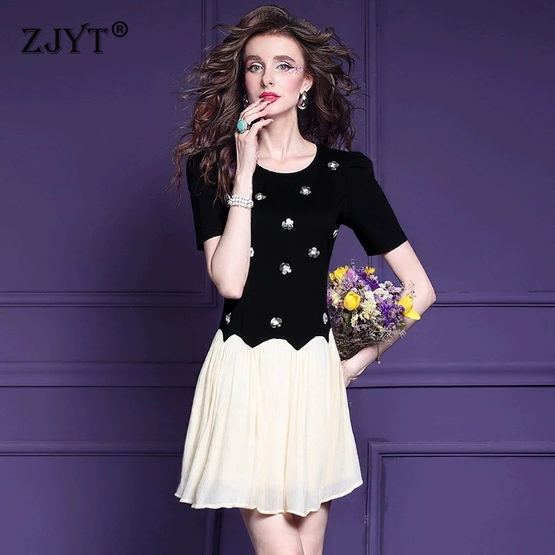 

ZJYT Summer New Fashion Sequined Patchwork Black Mini Dress Women Short Sleeved O Neck Casual Party Dresses Female Vestidos 2025