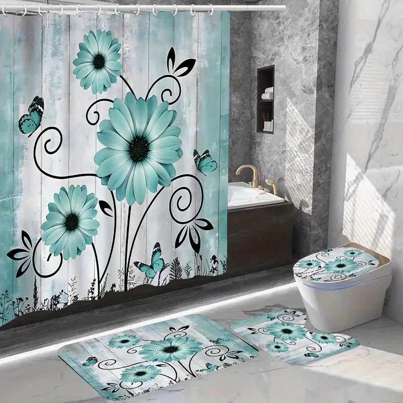 Chic Waterproof Shower Curtain Set with 12 Hooks, Non-Slip Bath Mat, U-Shaped Toilet Rug & Lid Cover - Durable Polyester Fabric,