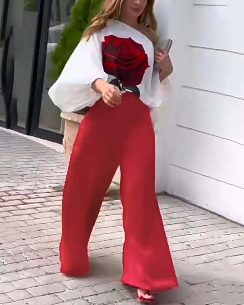 

Women's Casual Two-piece Set Rose Print Skew Neck Lantern Long Sleeve T-shirt Top and Wide Leg Pants Set