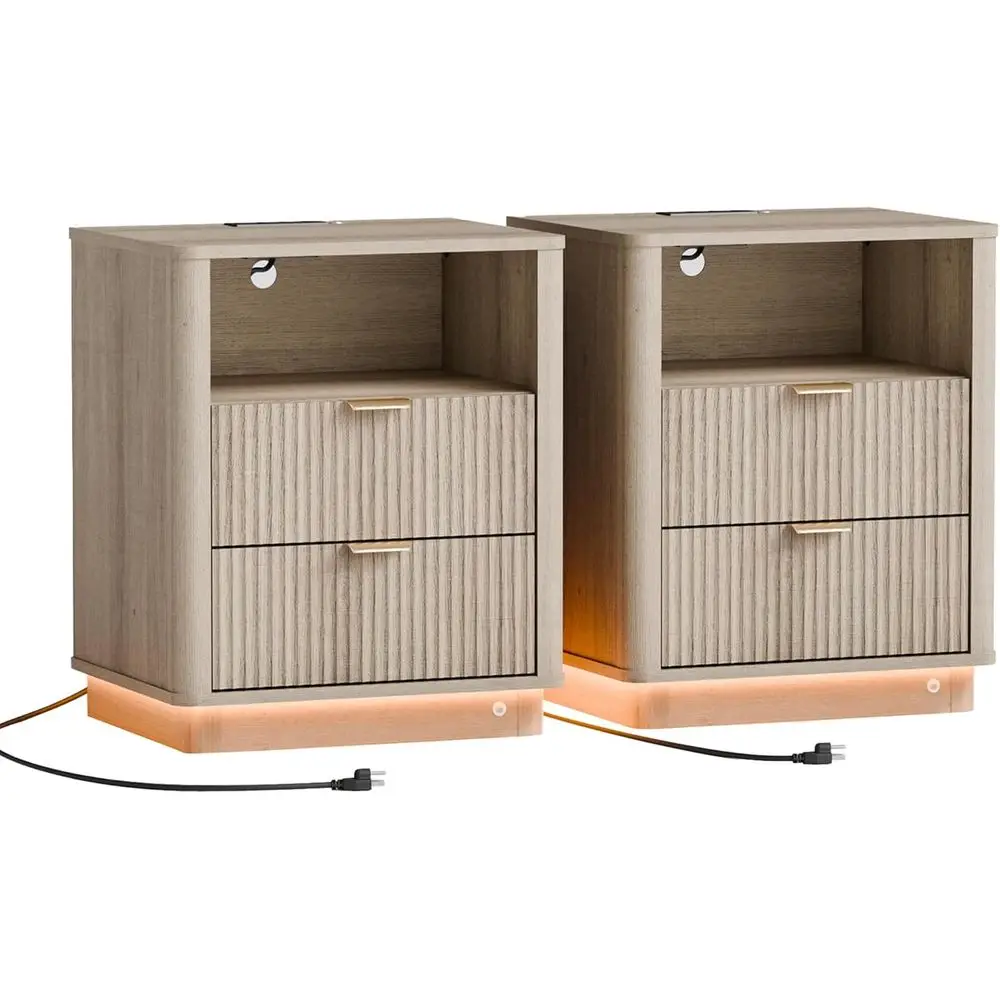 Pair of Natural Wood Curved Nightstands with Charging & Lighting, Storage Cabinet for Bedroom or Office