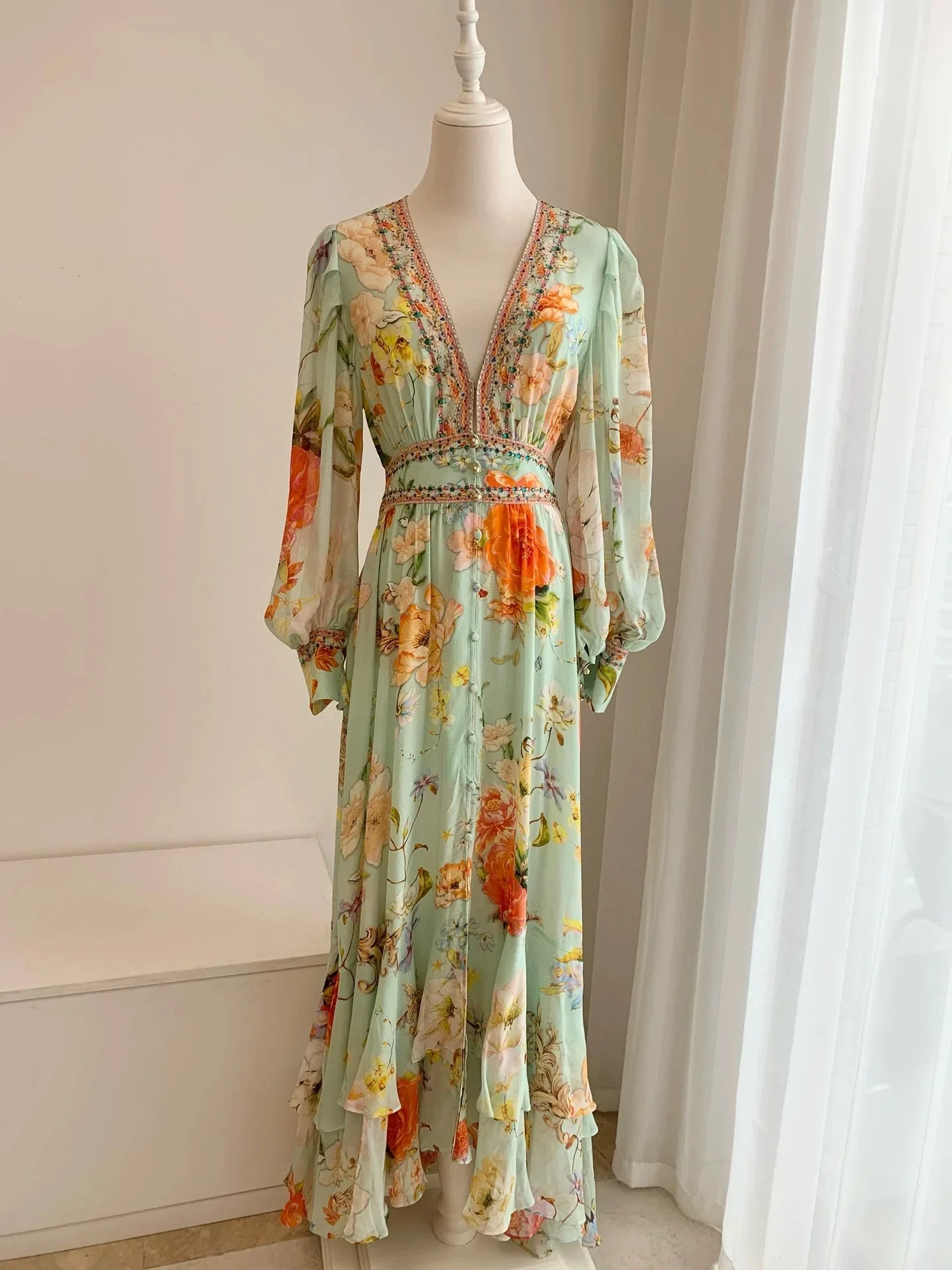 

Women Deep V-Neck Robe 100% Silk Beaded Long Sleeve Elegant Maxi Dress