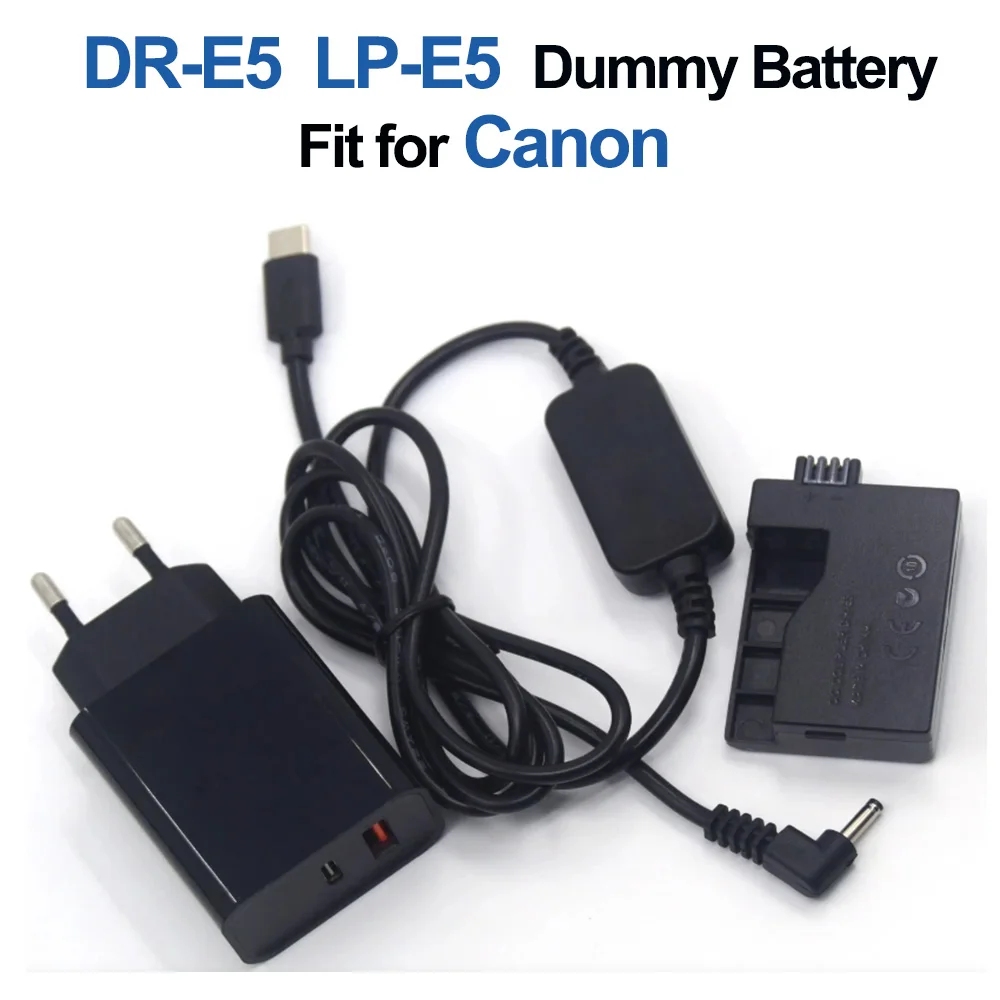 

PD Charger USB Type C DC Cable LP-E5 Dummy Battery DR-E5 DC Coupler for Canon EOS Rebel XSi T1i Kiss F X2 X3 450D 500D