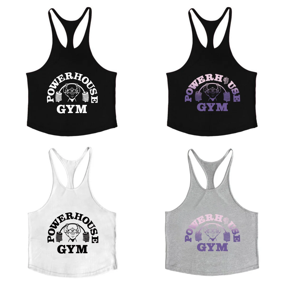 POWERHOUSE GYM Men's Printed Stringer Strap Vest Cotton Fitness Y-Tank Gym Workout Sleeveless Short Sleeve Topfortable