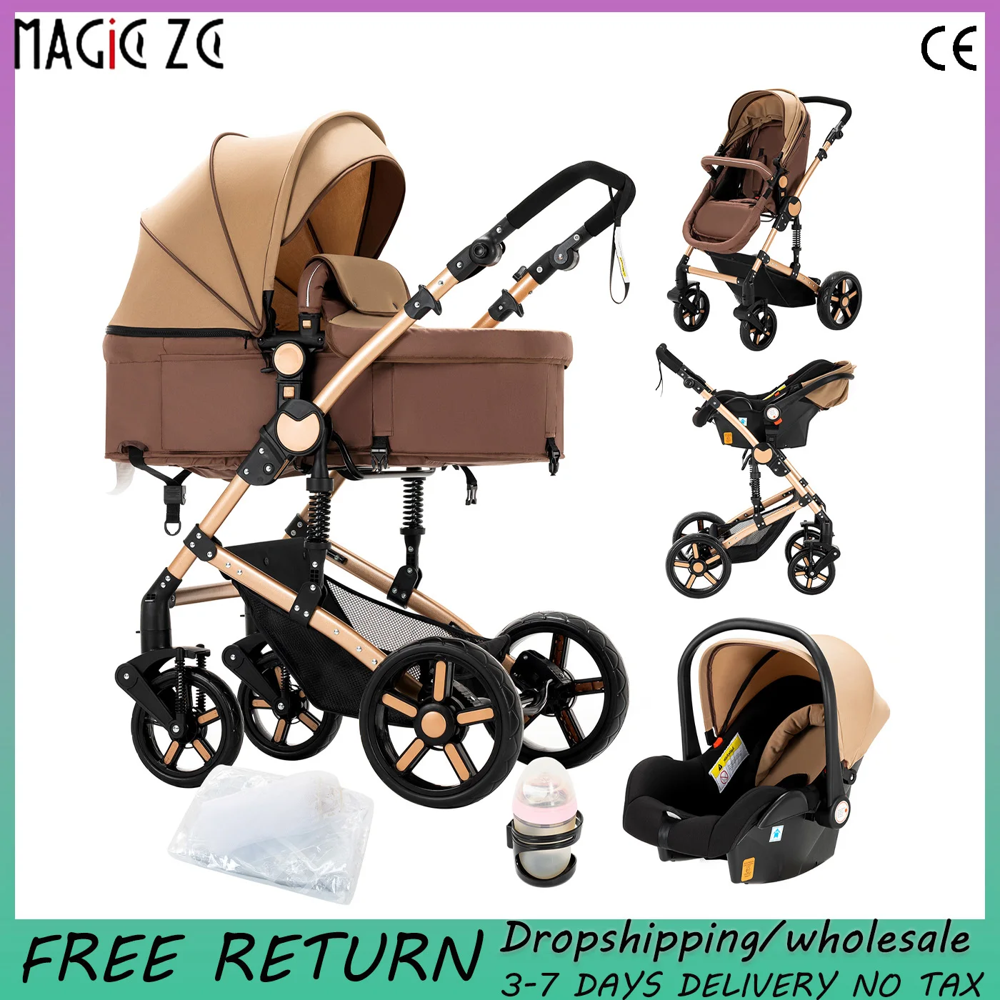 

All-Terrain 3-in-1 Baby Stroller Travel System, Lightweight Foldable Pram from Birth,Compact Pushchair with Aluminum Frame,