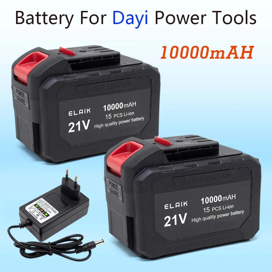 ELAIK 21V Rechargeable Battery 10000mAh Lithium Ion Battery For Dayi Electric Power Tool Battery EU Plug