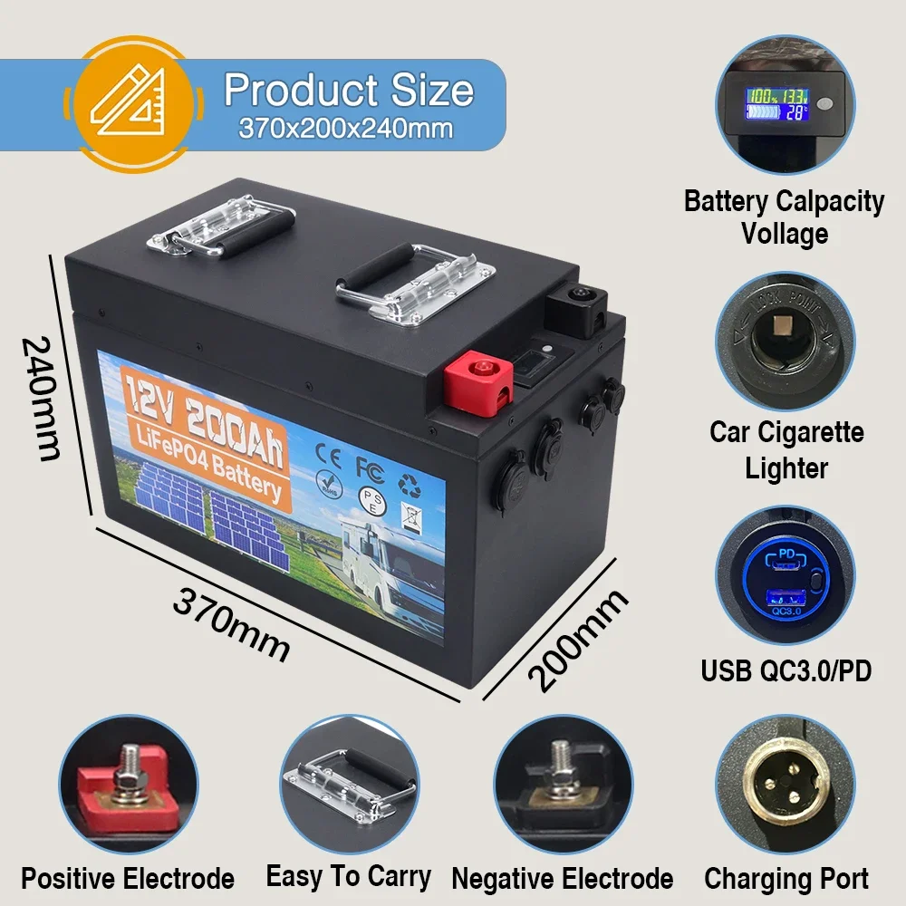 12V 200ah Lifepo4 Lithium Iron Phosphate Rechargeable Battery Pack Built-in BMS For Outdoor Camping,Golf Cart,Solar With Charger