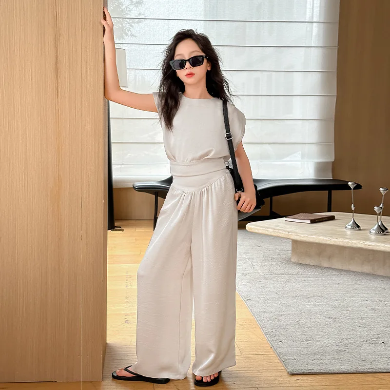 Girls Summer Clothing Set French Elegance 2025 New Collection Light Luxury Bow-Tie High-End Acetate Suit Sleeveless Long Pants