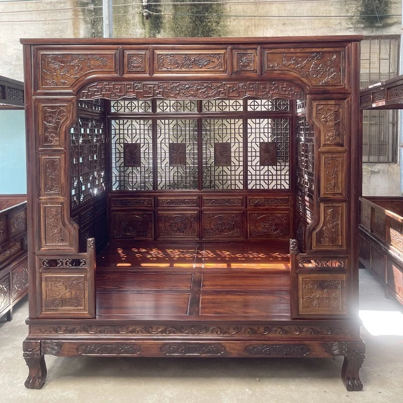 Ming and Qing antique solid wood court shelf bed, old-fashioned moon cave plum blossom