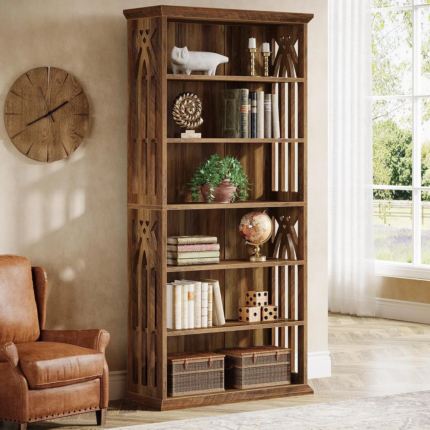 6-Tier Tall Bookshelf 75-Inch Freestanding Display Shelf Wood Storage for Living Room Home Office Bedroom, Customized