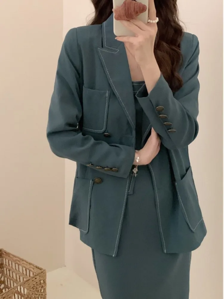 Autumn Fashion Elegant Women Dress Set Casual Solid Blazer Jackets Sleeveless Midi Dress 2 Pieces Set Female Outfits Clothes