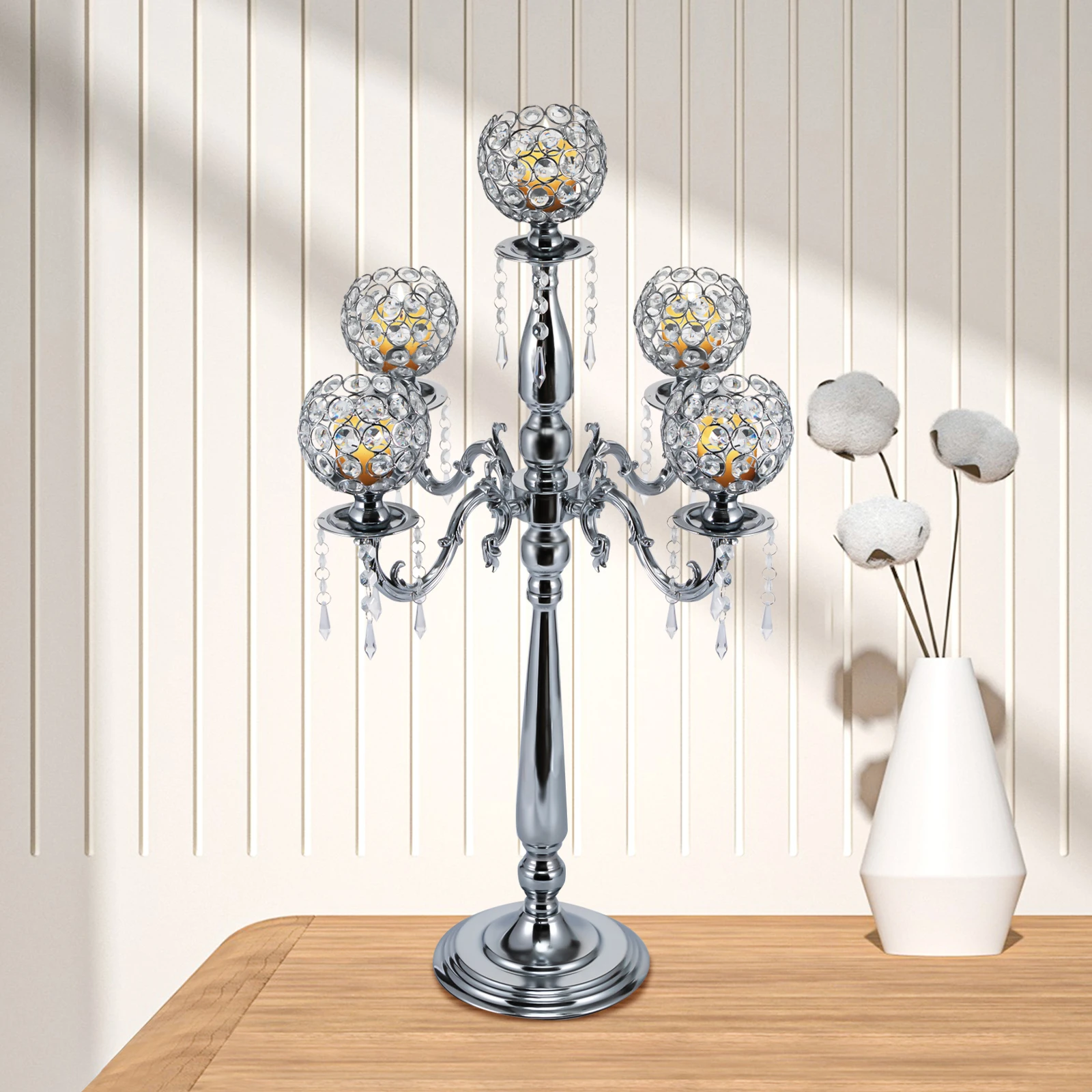 5 Arms Candle Holders Tall Floor Candelabra Crystal for Wedding Centerpieces Dinner Table Decoration Silver