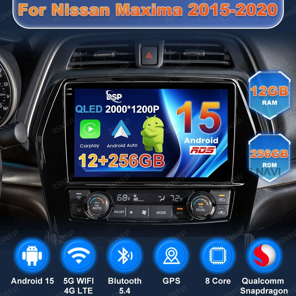Android 15 Radio del coche para Nissan Maxima 2015-2020 Multimedia BT 4G LTE navegación inalámbrica Carplay Auto DVD QLED unidad principal GPS