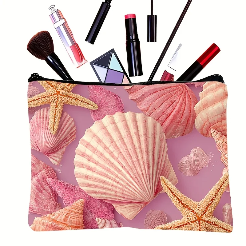 1 Piece Light-Colored Shell and Starfish Pattern Makeup Bag - Multifunctional Zipper Pouch for Women, Perfect Travel Zipper Storage Bag, Fun Birthday Gift