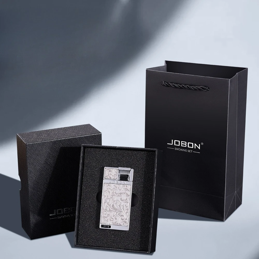 JOBON Flat Fire Blue Flame Gas Lighter, Lever Ignition, Relief Tangcao Pattern, Creative High-end Men's Gift view 4