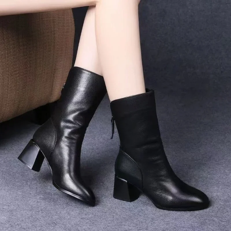Women Versatile Leather Boots Fashion Antislip High Heels Female Casual Comfortable Boot External Wear Trendy Shoes