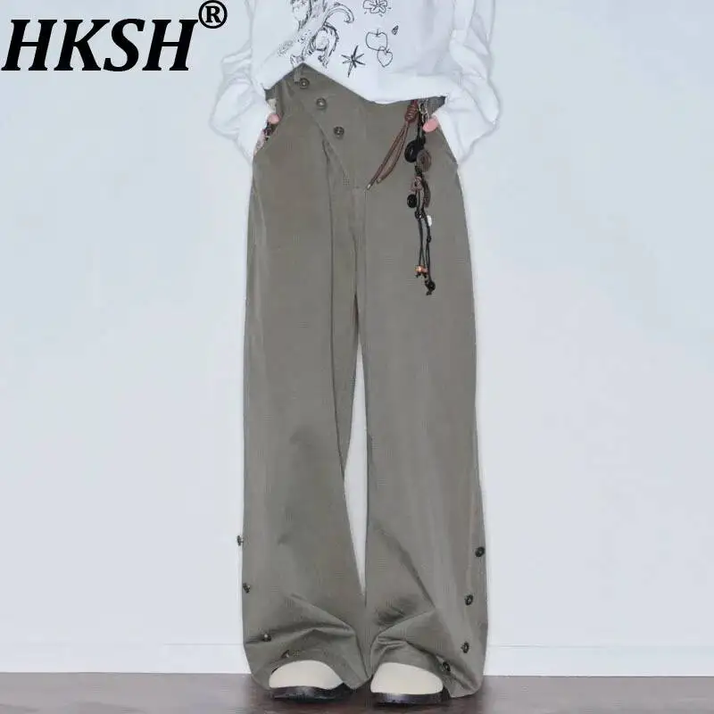 HKSH Women's Casual Pants Elegant Fashion Diagonal Placket Buttons Design Patchwork Loose Niche Stylish Wide Leg Bottoms HK26482