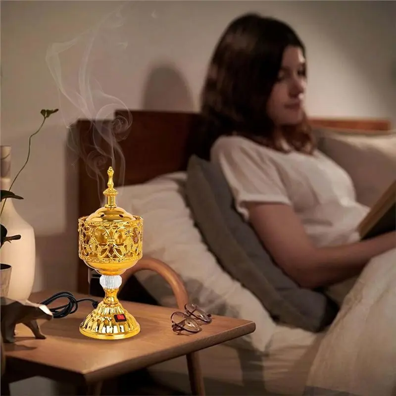 A25F-Golden Electric Incense Burner, Arabian Style Electric Incense Holder, Middle Eastern Tabletop Decorative EU Plug
