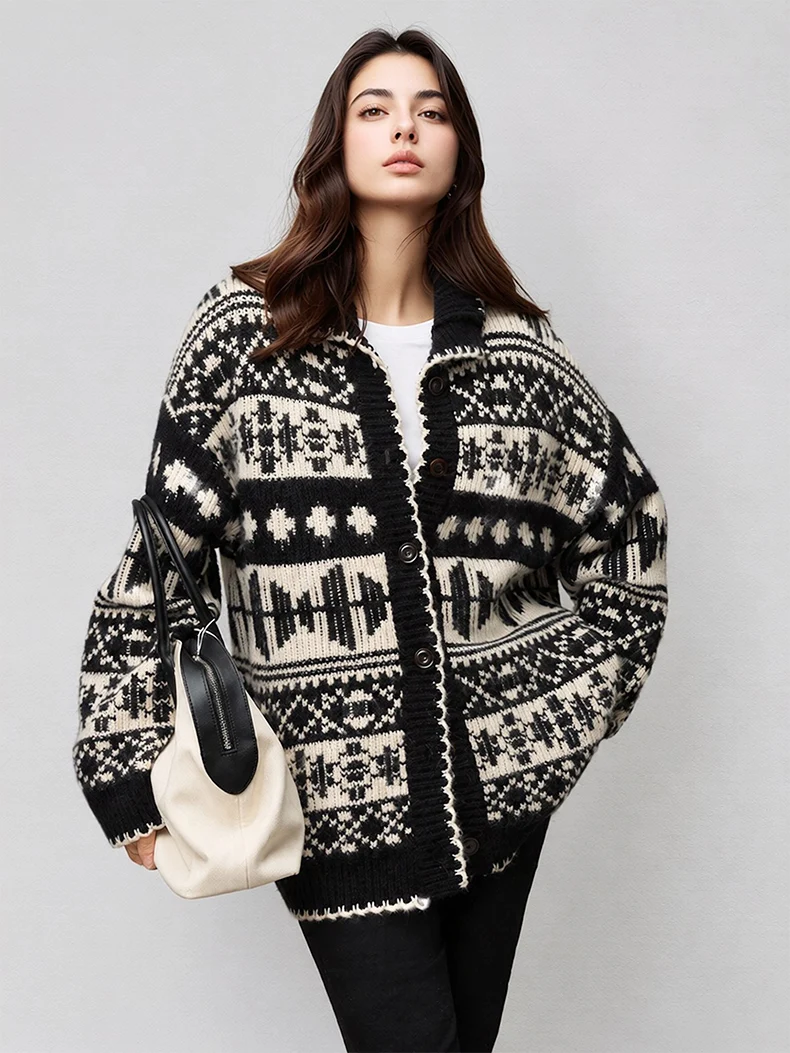 SuyaDream, Women's Fair Isle Jacquard Wool Cardigan, Lapel Collar Single Breasted Loose Knit Sweater Coat, Fall Winter Oute
