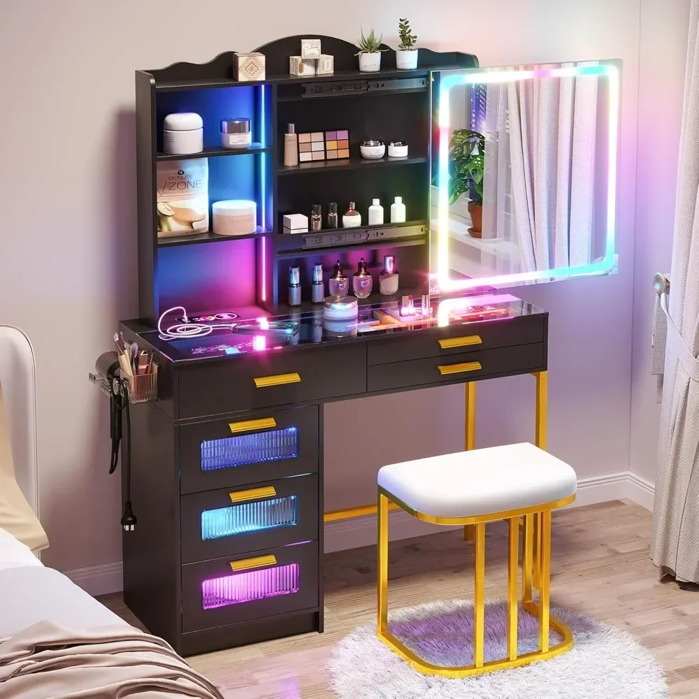 Vanity Desk with Sliding Mirror and LED Lights, RGB Vanitys with Charging Station, Dresser ,Makeup Vanity with Remote Control