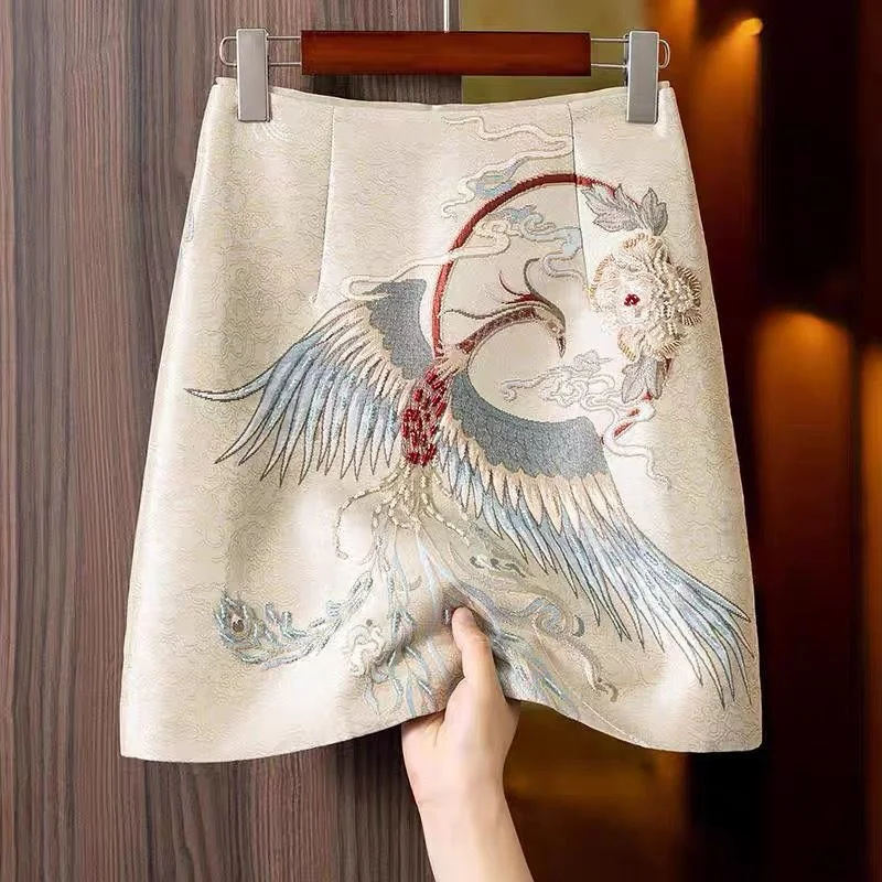 Bird Embroidered Half Fairy Skirt Loose A-line Women's Kawaii Clothing Alternative Lolita Fashion Sexy School Girl Preppy Style