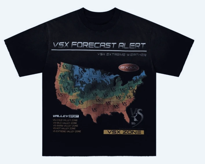 2026 Retro Meteorology Theme Street Tshirt, Distressed Color Weather Map With Text  Loose Fit Cream White Cotton Daily Top
