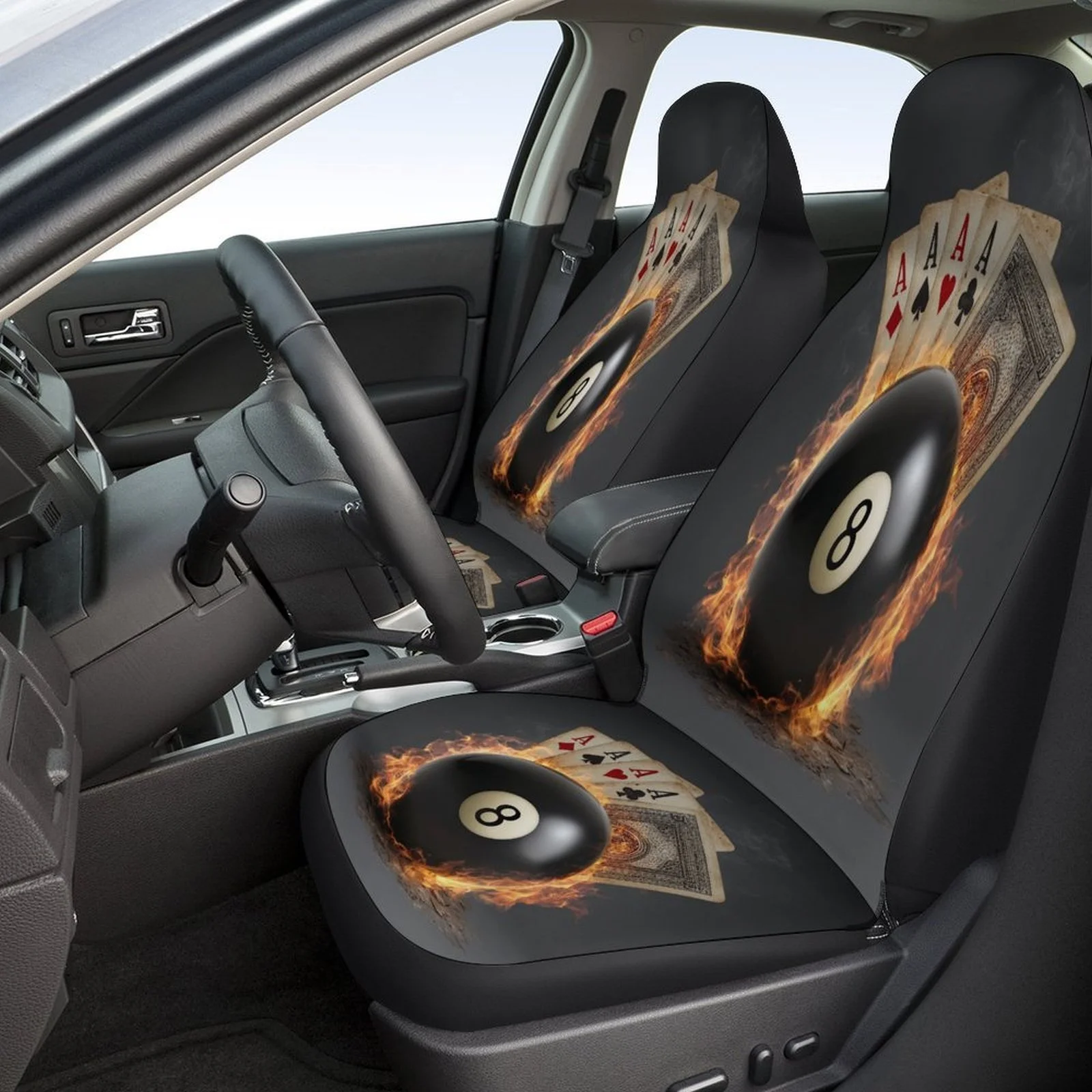 Universal Car Seat Cover Set Featuring Stylish Black Eight Ball Fire Cards, Suitable For Most Vehicles. This Complete Set Includ