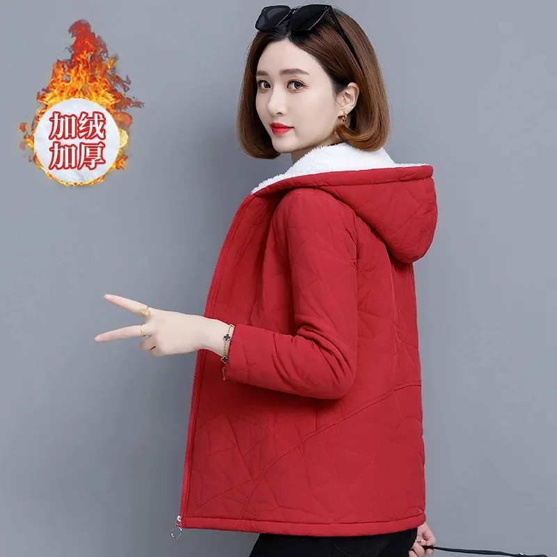 New Hooded Plus Velvet Cotton-Padded Jacket Women Parkas 2024 Warm Cotton Padded Coat Winter Slim Outerwear Fashion Female Tops