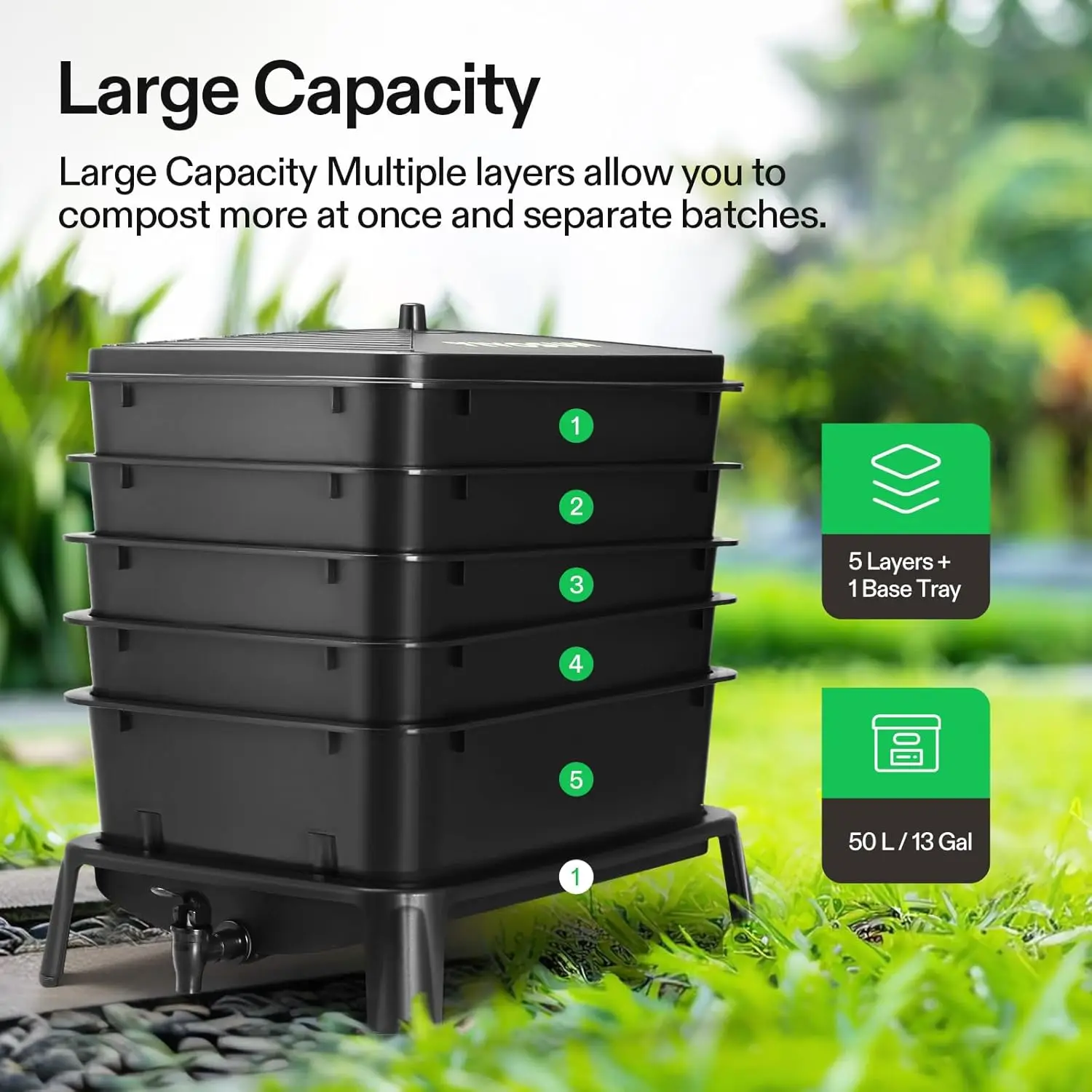 5-Layer Worm Compost Bin, 50L Capacity, Easy Setup Kit for Recycling Food Waste
