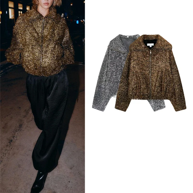 

Winter New Women's Zipper Sle Long Sve Stand Collar Pilot Jaet Outerwear Casual Faion ort Length Polyester Fiber