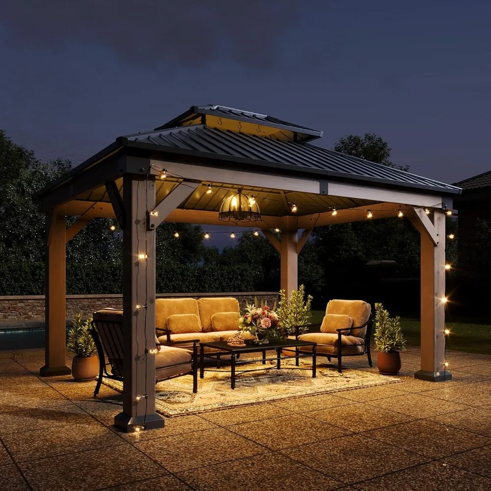 10' x 12' Outdoor Wooden Gazebo, Hardtop Gazebo with Galvanized Steel Double Roof for Deck, Garden, Cedarwood