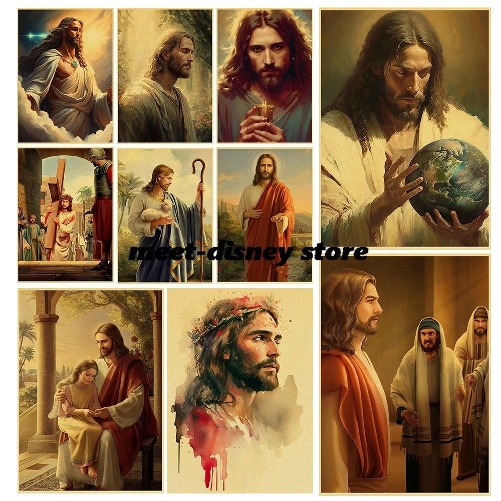 Affiche Jésus en papier kraft, impression de dessin animé, autocollant mural pour ordinateur portable, affiche murale de dessin animé pour café, bar, bagages, communauté, dortoir